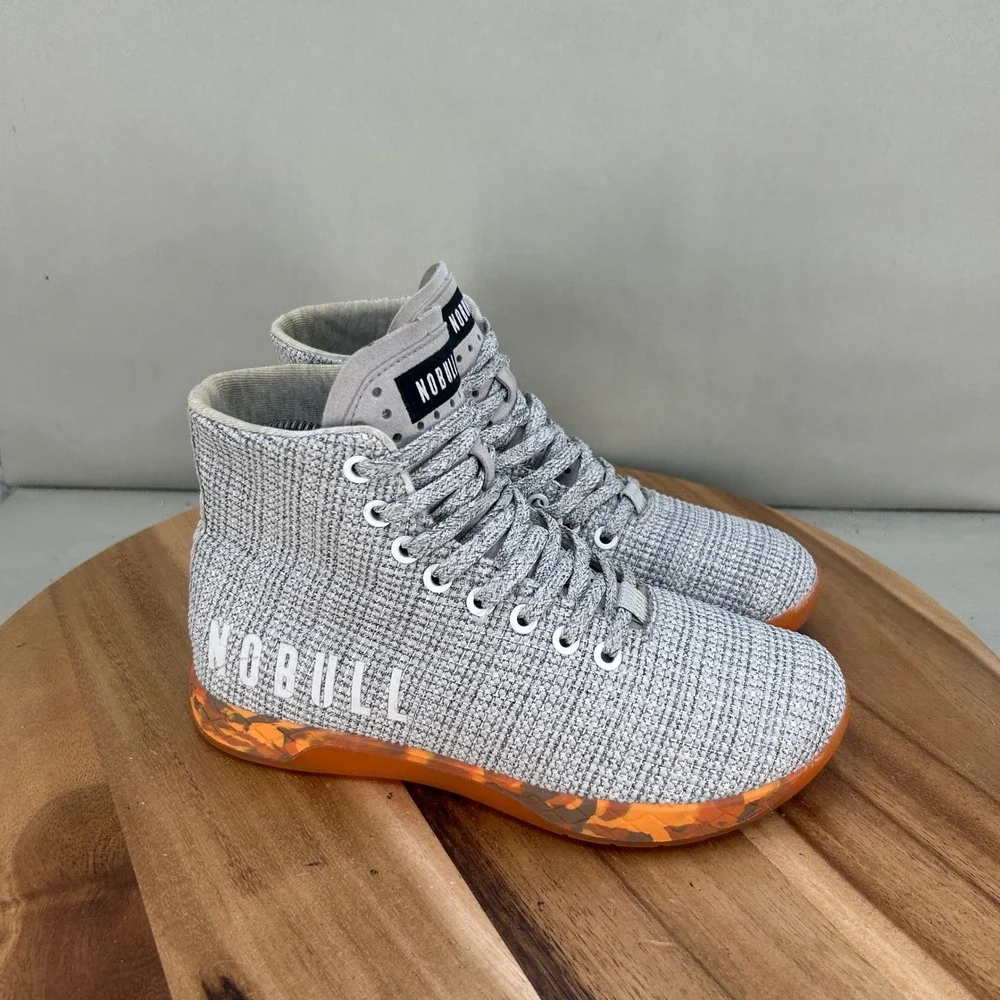 NOBULL High Top Trainer Grey Knit Orange Gum Sole Womens Size 7 Sneakers